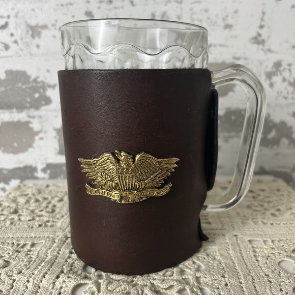 Vtg Noymer Beer Mugs Leather Covers Snap On EPluribus Unum America Eagle Barware - Picture 3 of 16